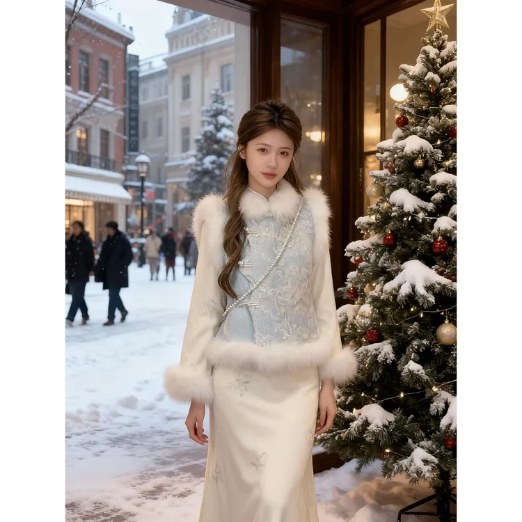 新中式国风禅意女装冬季高级感气质盘扣马甲加绒旗袍连衣裙两件套