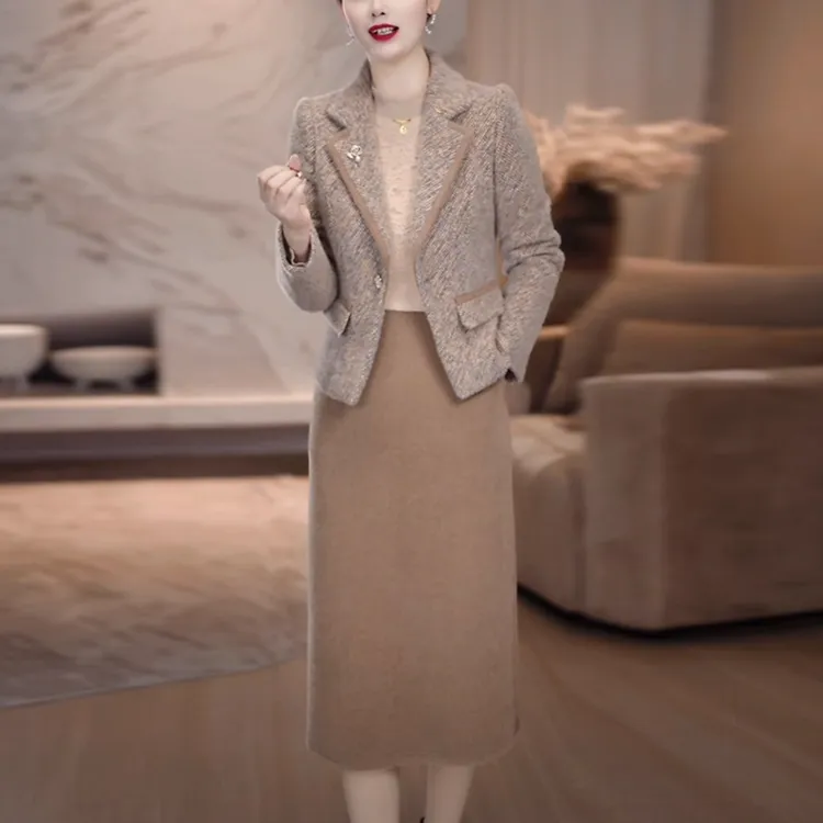 贵妃绒气质轻奢高级感套装2025冬季新款时尚贵妇人加厚外套连衣裙