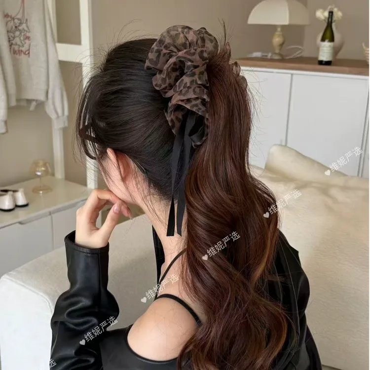 韩式甜美豹纹多层网纱发夹2025新款气质法式高马尾香蕉夹发饰女