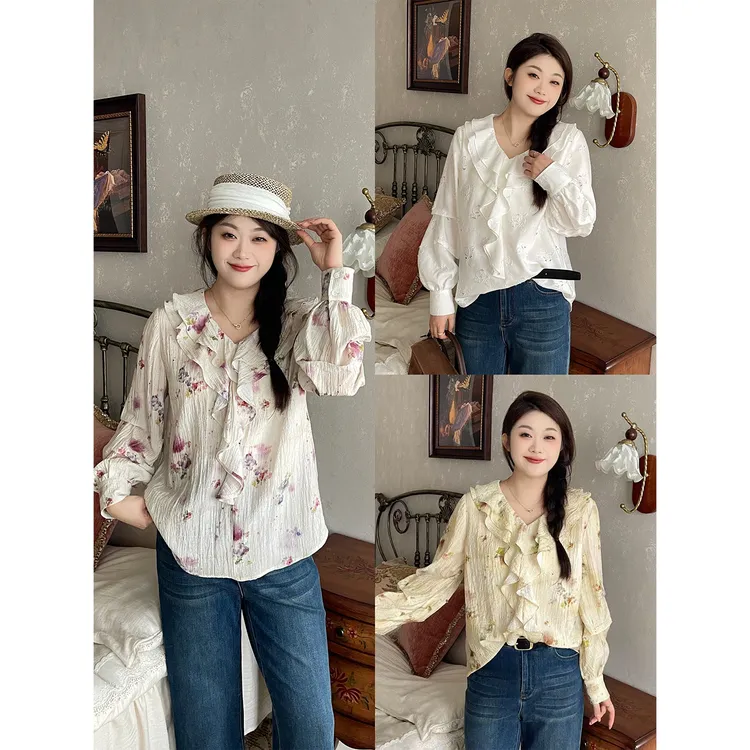 裂渡宣宣【蔷薇少女】微胖大码女秋百搭时尚V领荷叶边衬衫ZY507R66