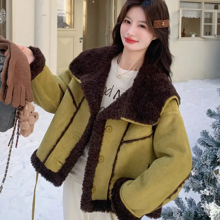 毛毛短款外套女2025冬季新款洋气显瘦皮毛一体保暖两面穿棉袄潮