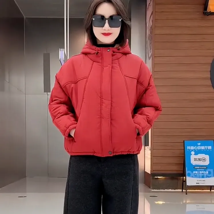 时尚百搭净版抽绳短款连帽棉服冬季新款宽松遮肉保暖棉袄妈妈外套