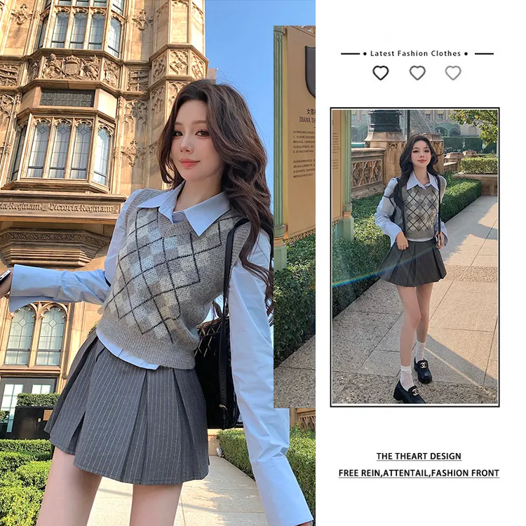 秋季穿搭一整套女2025新款菱格针织马甲衬衫搭配显瘦百褶裙三件套