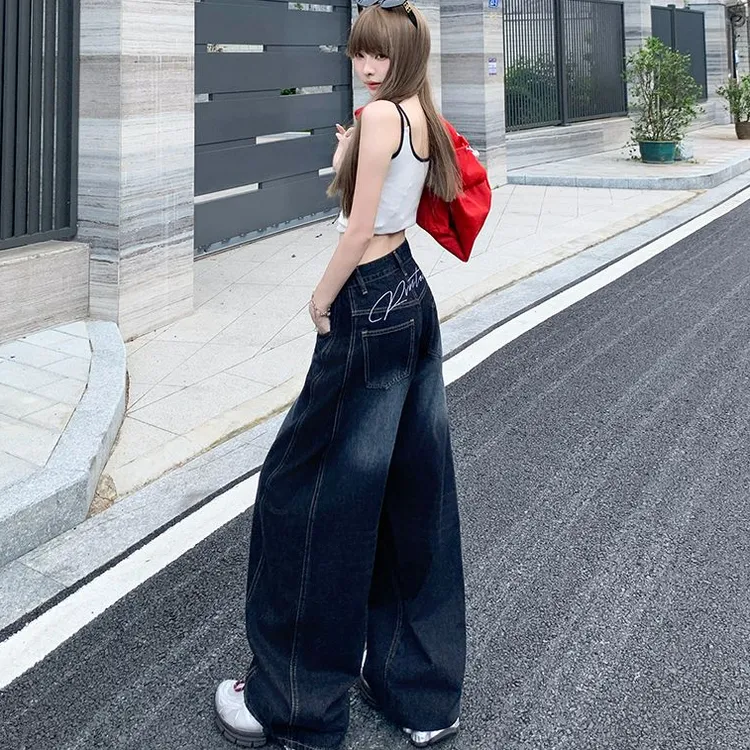蓝黑刺绣男女同款弯刀阔腿牛仔裤子女士高腰直筒宽显瘦松拖地美式