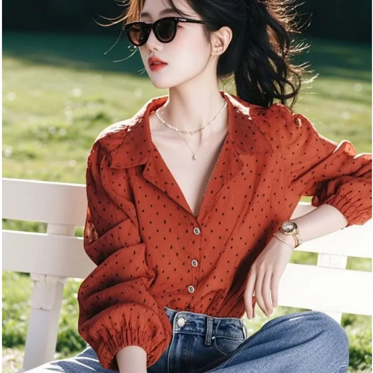红色波点衬衫女春夏季2025新款长袖法式复古气质上衣显瘦碎花衬衣