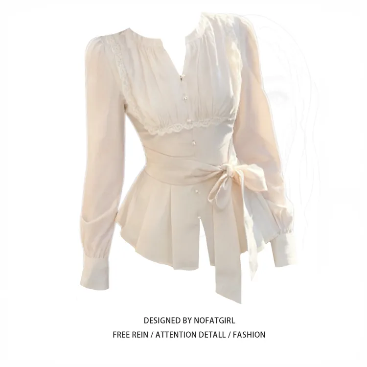 大码胖妹妹法式纯欲风珍珠杏色长袖衬衫女秋季设计感绑带收腰上衣