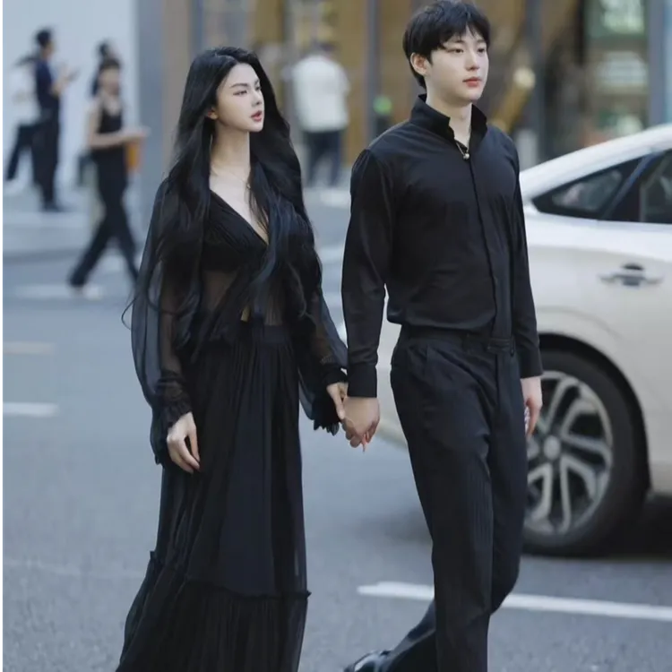 魏元高定/设计师V领大摆裙灯笼袖上衣网纱套装-1017