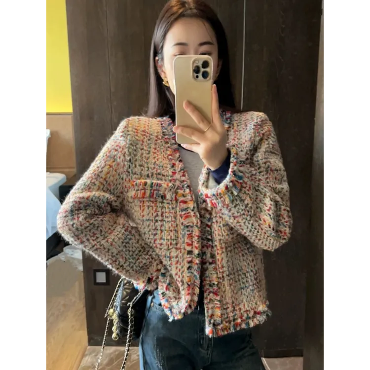 2025年新款春季多彩粗花呢V领小香风服外套