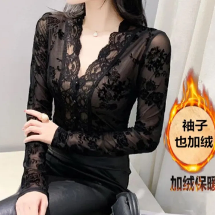 【全额运费补贴】加绒花边V领蕾丝打底衫女