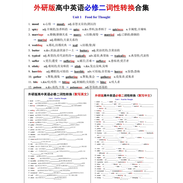 外研版高中英语必修二词性转换合集背诵版默写版PDF电子版G527