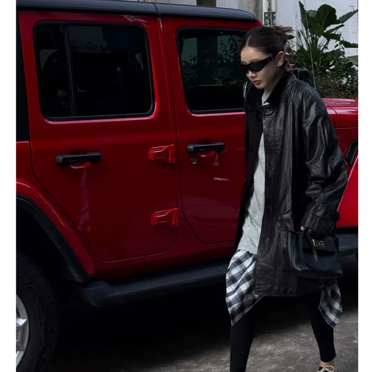 【CHUMINGMING】 素版极简复古中长款皮夹克 Jan11