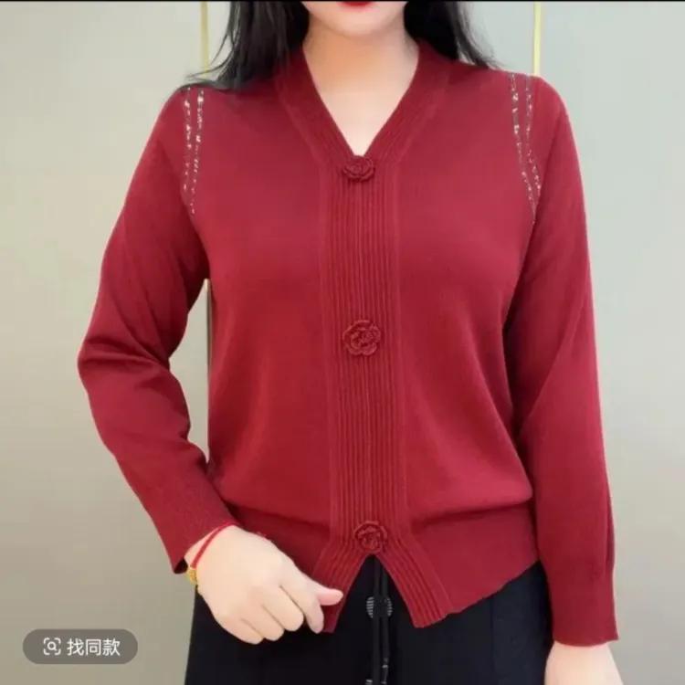 2026秋冬季新时尚中老年妈妈休闲百搭减龄毛衣高档拼接v领针织衫
