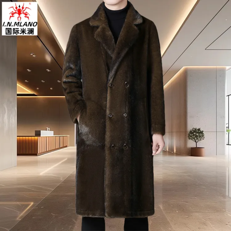 双面穿长款过膝毛呢大衣男高端新款皮毛一体男装中年仿貂绒男外套