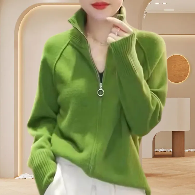 2025新款洋气休闲上衣春秋季拉链开衫针织衫时尚绿色慵懒版上衣女