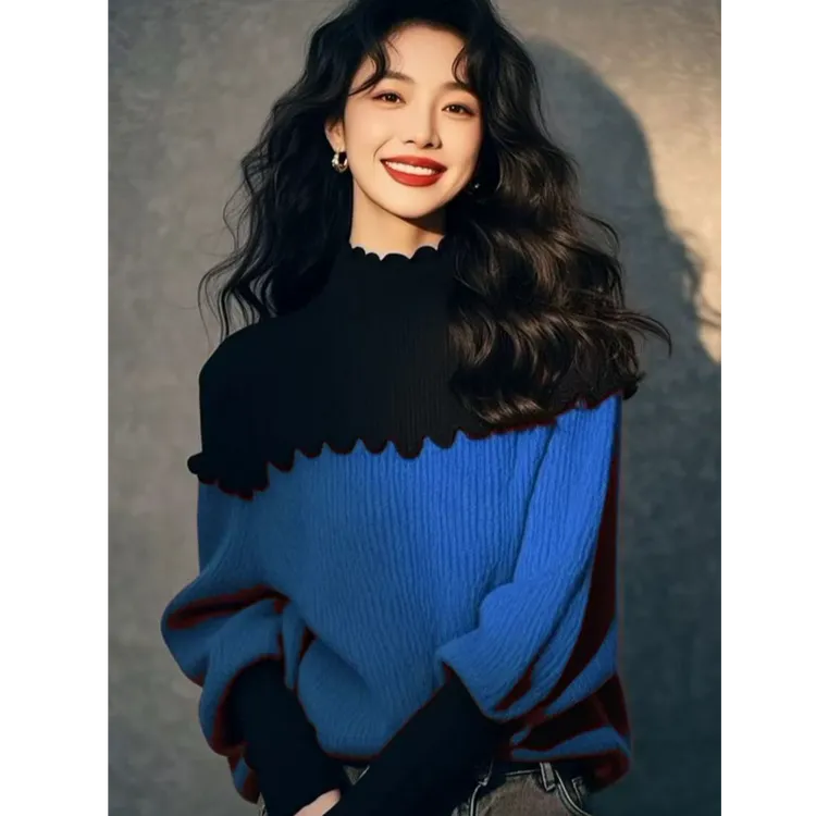 冬季蓝黑拼色针织内搭打底衫奶fufu慵懒风高级感超好看毛衣女秋冬