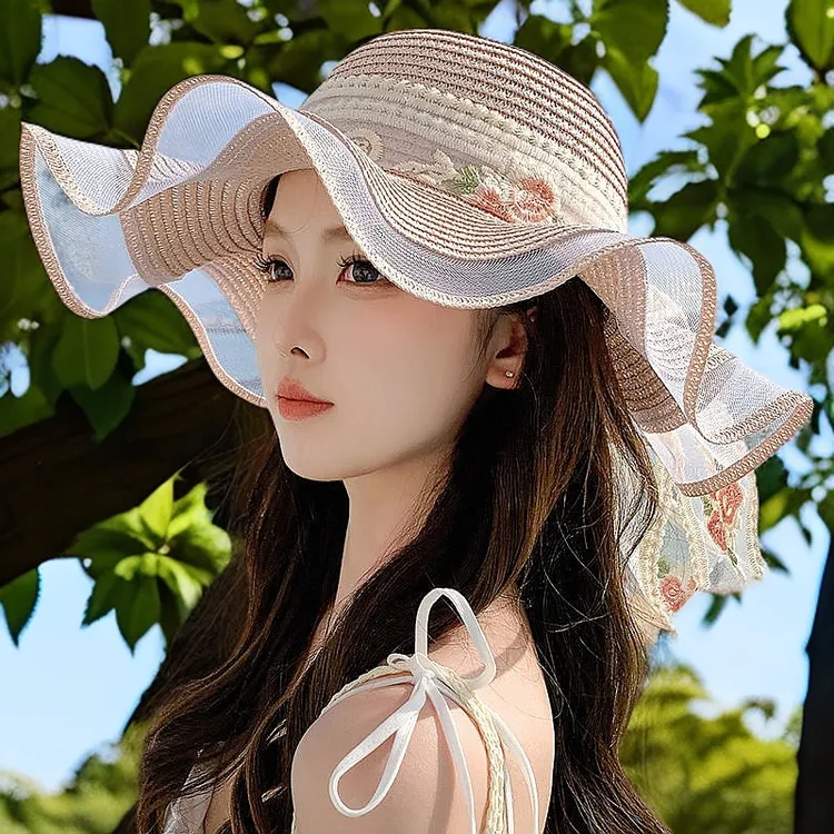 防晒帽休闲小清新百褶大帽檐草帽网红款帽子女司机户外遮脸开车男