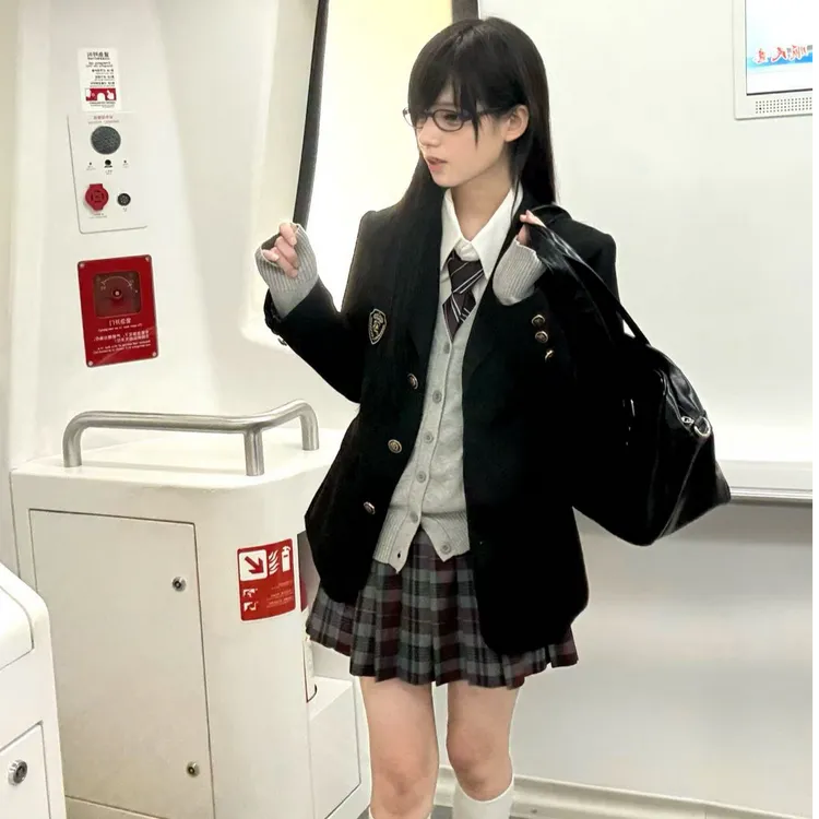 御茶家【小底同款】御凛高微收腰西服显瘦校供JK制服外套装黑灰色