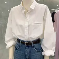 【杭州意法好货】浅蓝色纯棉衬衫女春秋季简约长袖上衣宽松百搭衬衣