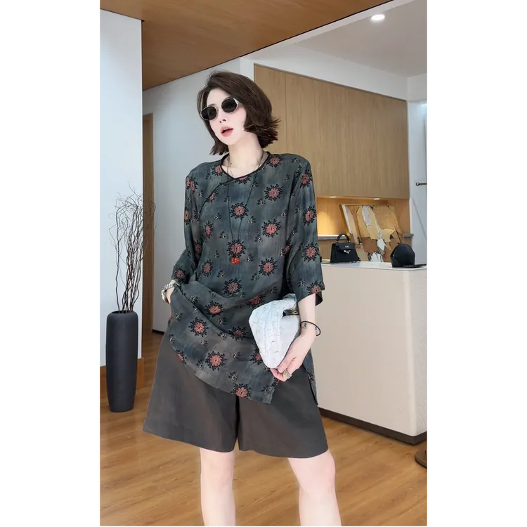 YYOUHAN 2025新款【迷迭花园】下摆开叉国风宽松百搭T恤 2506C3462