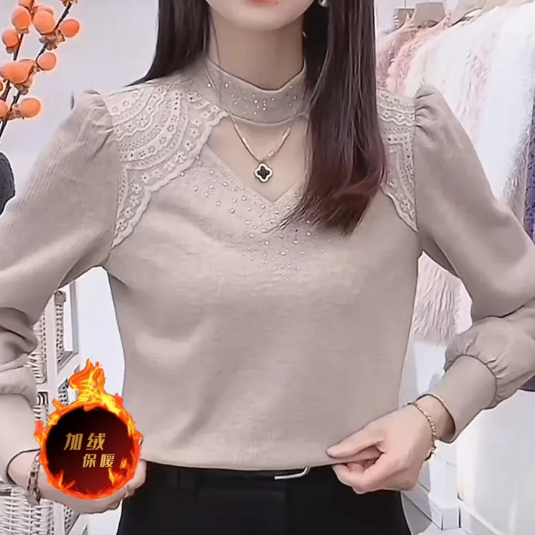 新款冬季加绒气质别致上衣独特漂亮小衫蕾丝内搭百搭时尚修身长袖