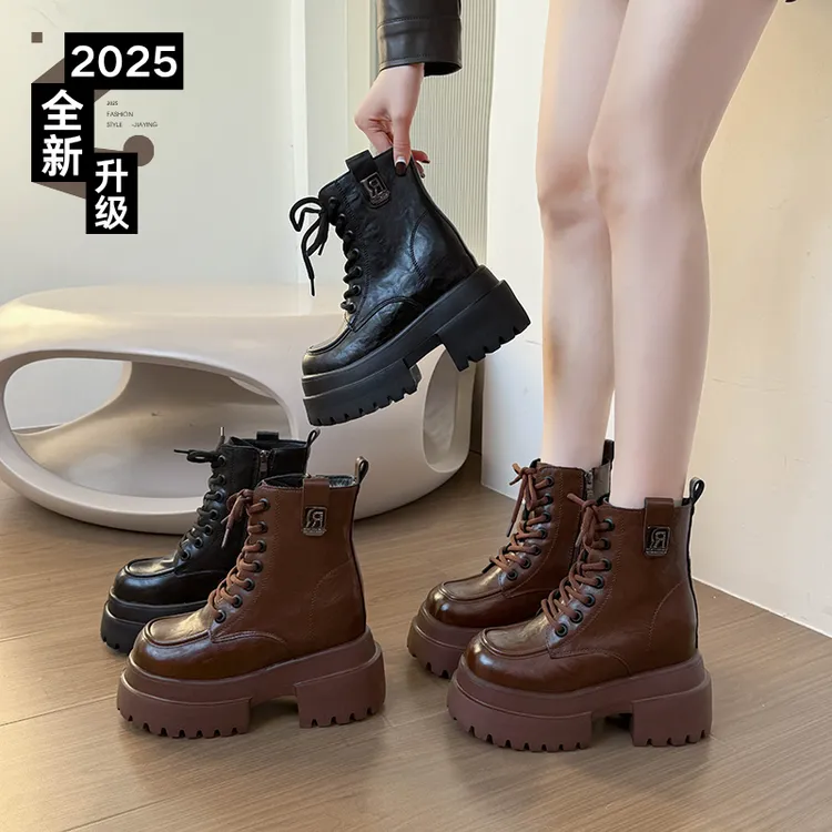 内增高加绒保暖厚底马丁靴2025秋冬新款时尚百搭复古薄款短靴靴子