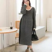 Q3877蕾丝领针织连衣裙女秋冬慵懒风显瘦中长款打底裙！