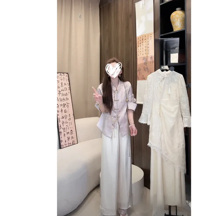 《月笼沙》国风流光   蕾丝拼接垂感气质时尚阔腿裤女装新款显瘦潮