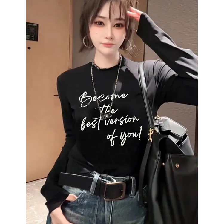 秋冬新款韩版休闲百搭显瘦ins圆领正肩时尚植绒字母长袖打底T恤