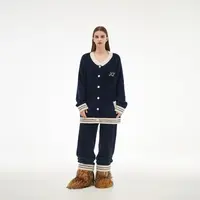  半边绒纯色家居服睡衣套装秋冬加厚加绒圆领开衫宽松