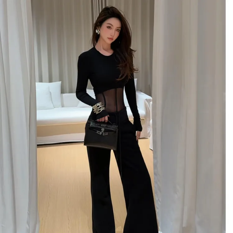 纯欲风性感修身长袖t恤女2026春季设计感网纱拼接上衣阔腿裤套装