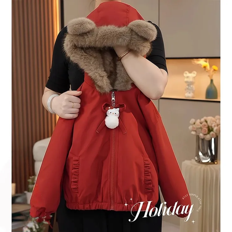 女童两面穿加绒派克服外套2025新款秋冬加厚棉服毛毛红年服仿皮草