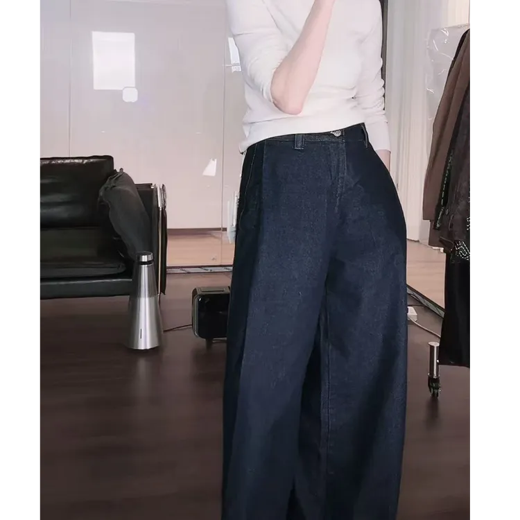 进口面料  深蓝色阔腿牛仔裤   K0778