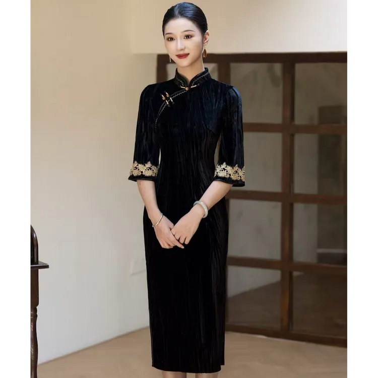 【暗蝶】秋款衣长115新中式文艺复古高级丝绒旗袍立领显瘦修身