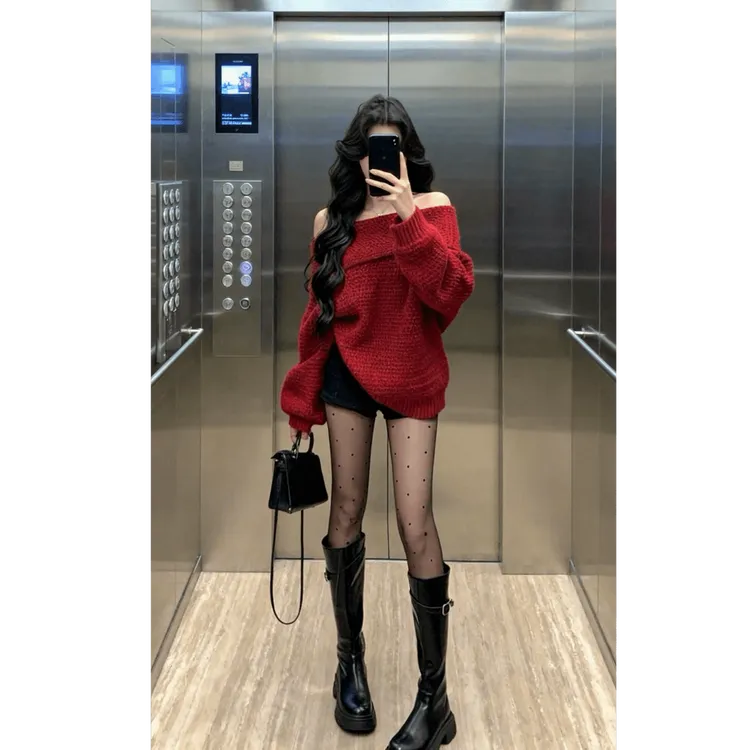 针织衫圣诞红色一字肩秋冬宽松套头毛衣女百搭高级感露肩长袖上衣