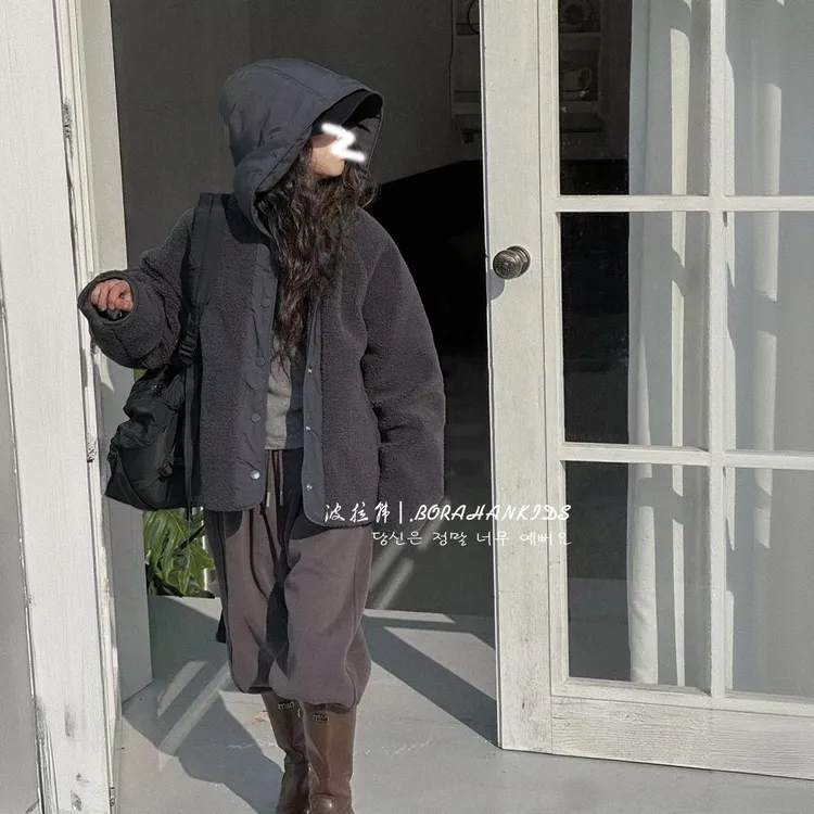 女童外套2025新款冬季休闲夹棉韩版连帽棉服双面穿上衣毛毛衣棉袄