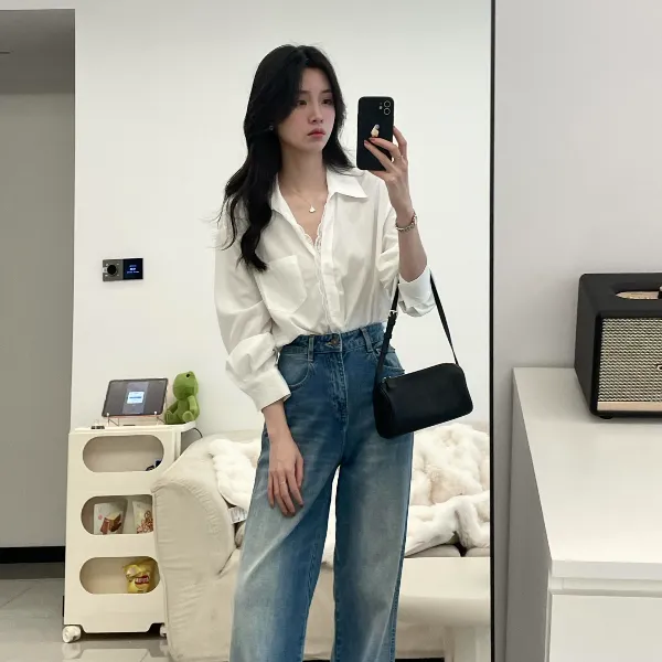 【风行者】时尚休闲气质白色衬衫小众设计上衣显瘦牛仔裤两件套