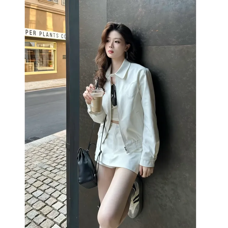 智性静奢风 白色百搭老钱短款夹克外套半身裙套装