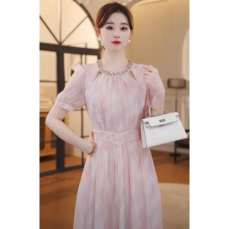 恋人心动 原创轻奢钉珠气质显瘦长连衣裙子女装端庄大气高腰裙