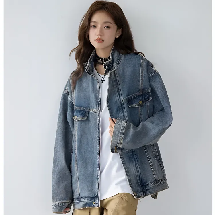 美式复古水洗蓝牛仔外套男女春秋季设计感情侣款拉链慵懒撞色夹克