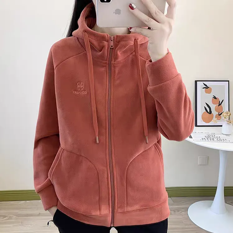户外抓绒衣女款连帽摇粒绒开衫运动休闲宽松大码卫衣加绒保暖外套
