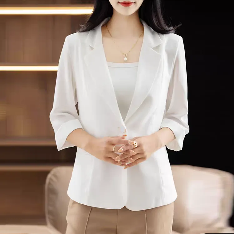 七分袖白色女常规款夏季薄款透气西服上衣百搭休闲气质小西装