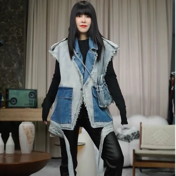 infobyfive2025秋冬新款毛边拼色乞丐风牛仔马夹二店NF0508269