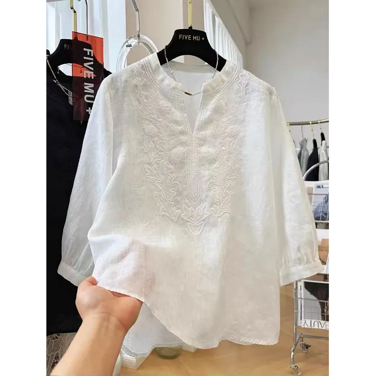 高级感麻料重工刺绣七分袖衬衫女夏季薄款法式气质小衫超好看上衣