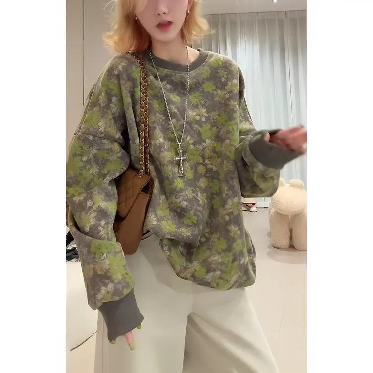 通勤风圆领韩系上衣冬季印花复古绿色碎花休闲风长袖卫衣厚款网红