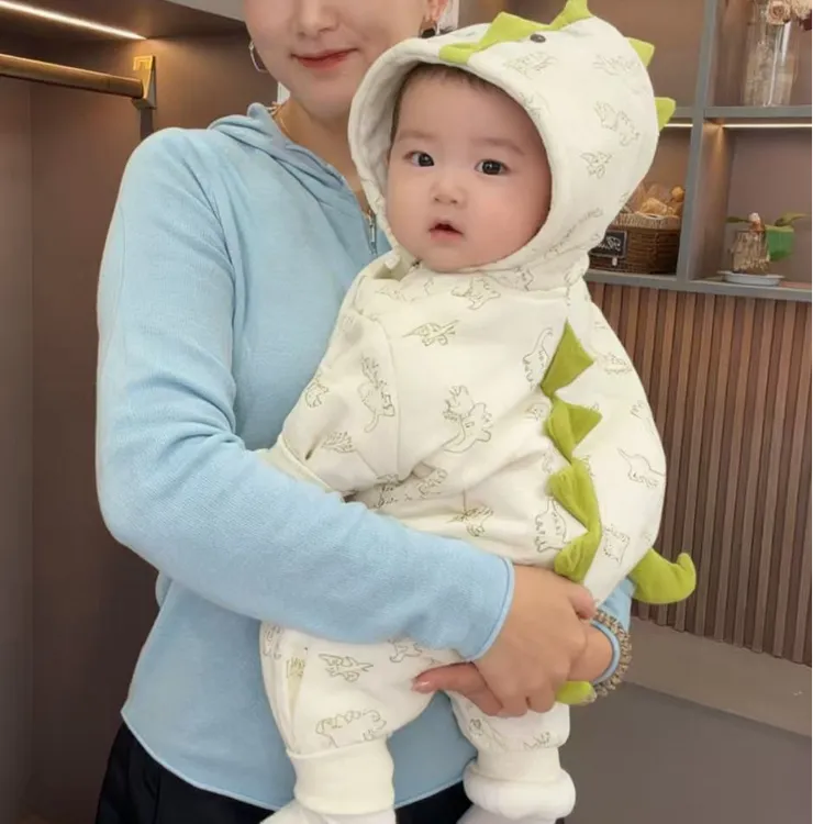 MR冬款咕噜恐龙岛棉哈衣连帽满印卡通男女宝婴幼可爱连体爬服