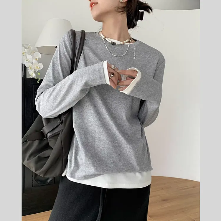 印之恋纯色长袖女圆领韩版宽松打底T恤上衣潮流休闲时尚宽松百搭