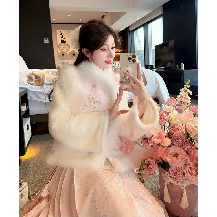 大码女装粉桃冬雪新中式大小姐毛毛拼接外套半裙套装13644
