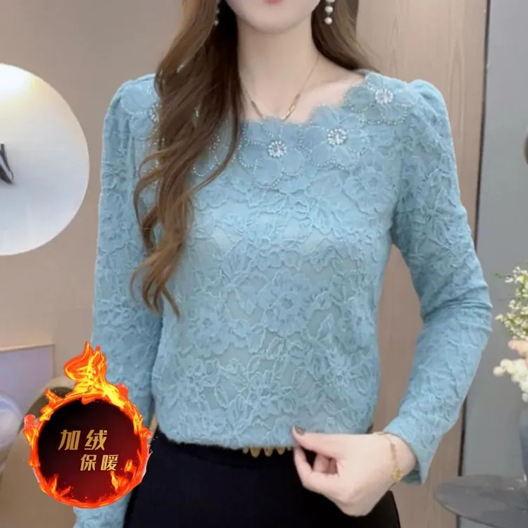 磨毛上衣打底衫显瘦静奢风保暖长袖花瓣领蕾丝洋气