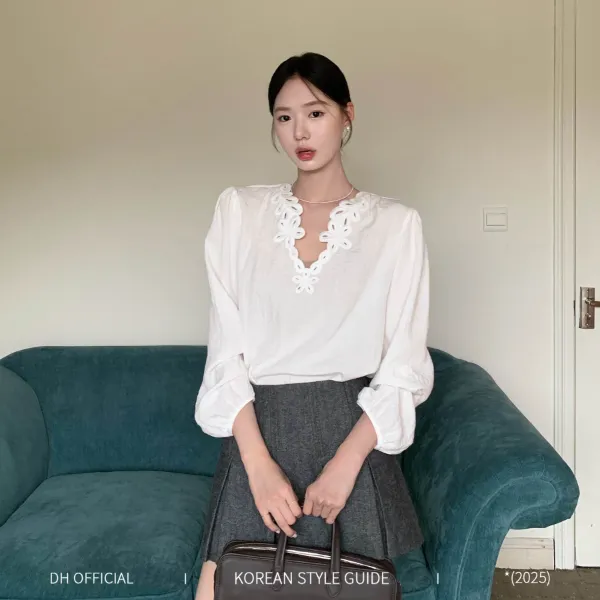 DH OFFICIAL大花【清晨百合 lily】韩系仙气立体绣花套头灯笼袖衬衫