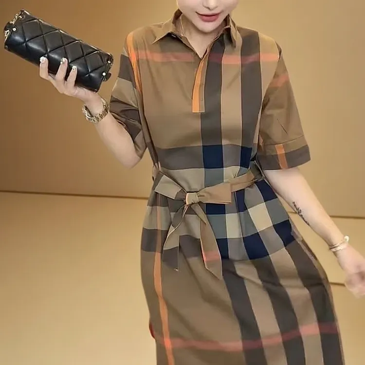 裙子显瘦时尚百搭不起球宽松腰连衣裙格子气质格纹洋气翻领